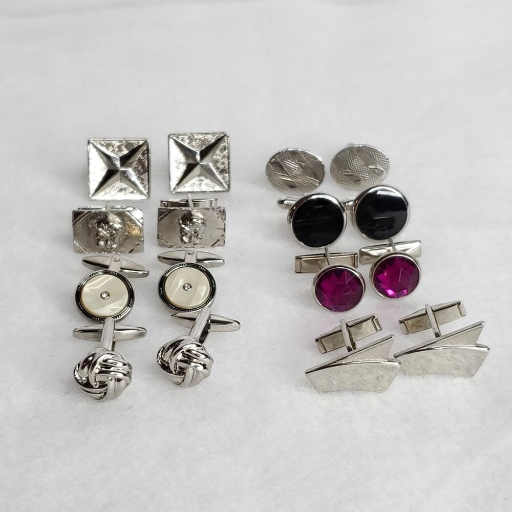 Vintage Cufflink Lot Silver Tone Black Fuchsia 8 Pair